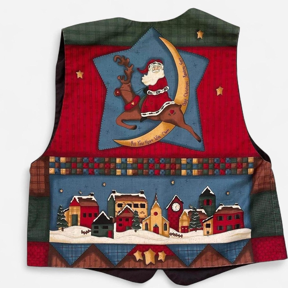 Vintage Handmade Christmas Holiday Santa Reindeers Christmas Scene Vest - Picture 4 of 4